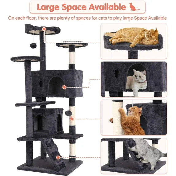 54-In Double Condo Cat Tree Tower Playhouse with Scratching Post & Perch for Indoor, Light Gray