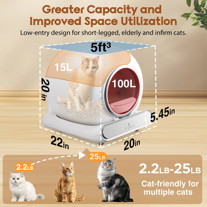 Self Cleaning Cat Litter Box, Automatic Litter Box W/ Liner, Dual Sensor Protection for Multi Cat, APP+ Panel Control, Odor Removal, Health Monitoring, Large Capacity Litter Box